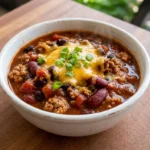 Crockpot Healthy Chili finished bowl with thick beans and vegetables Recipe focus: healthy chili recipe crockpot.