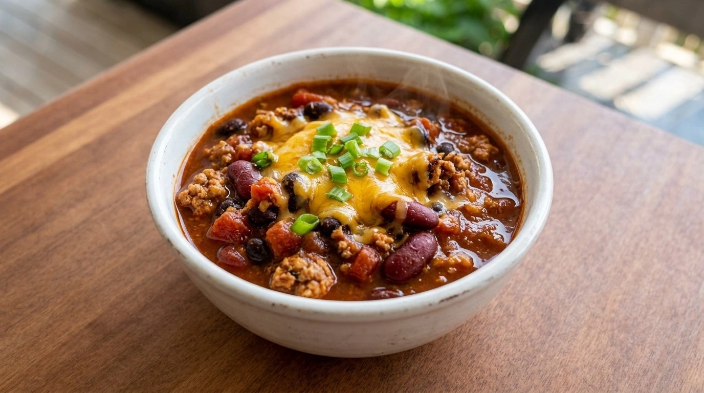 Crockpot Healthy Chili finished bowl with thick beans and vegetables Recipe focus: healthy chili recipe crockpot.