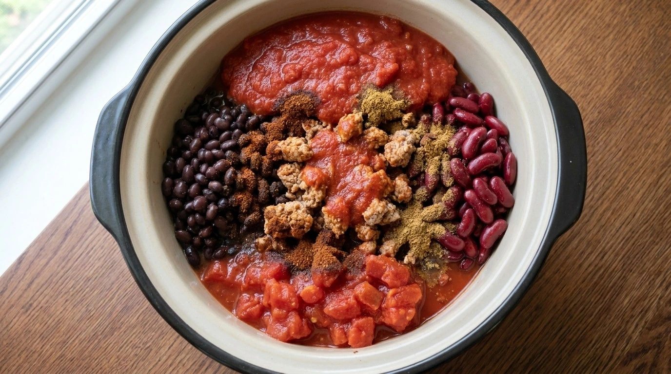 Crockpot Healthy Chili mixture with beans tomatoes and spices Recipe focus: vegetarian chili crock pot.