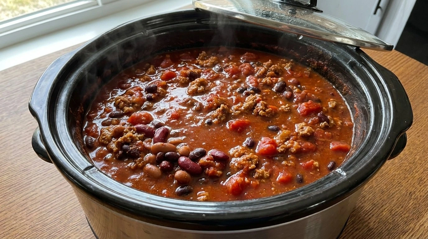 Crockpot Healthy Chili slow cooking with thick tomato bean texture Recipe focus: best easy chili recipe.