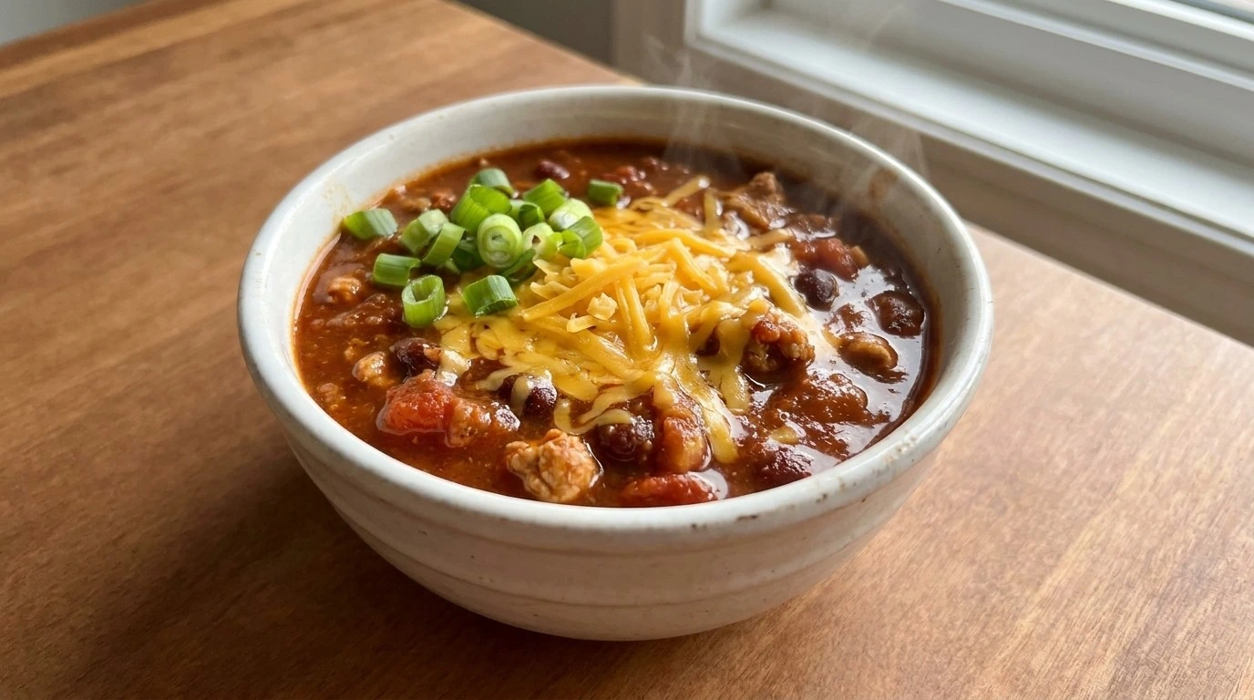 Crockpot Healthy Chili single serving bowl with hearty texture Recipe focus: turkey chilli recipes.