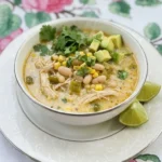 Crockpot Healthy White Chicken Chili in a white bowl with creamy chicken chili and beans Recipe focus: healthy white chicken chili crockpot.