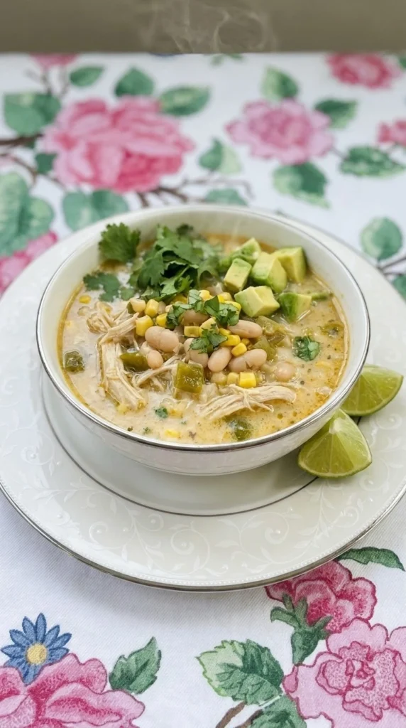 Crockpot Healthy White Chicken Chili in a white bowl with creamy chicken chili and beans Recipe focus: healthy white chicken chili crockpot.
