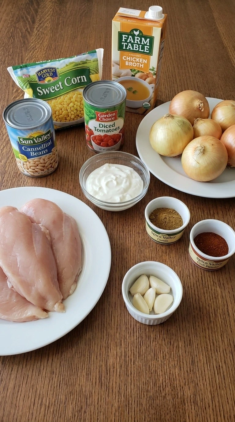Crockpot Healthy White Chicken Chili ingredients with chicken beans spices and vegetables Recipe focus: best white chicken chili recipe.