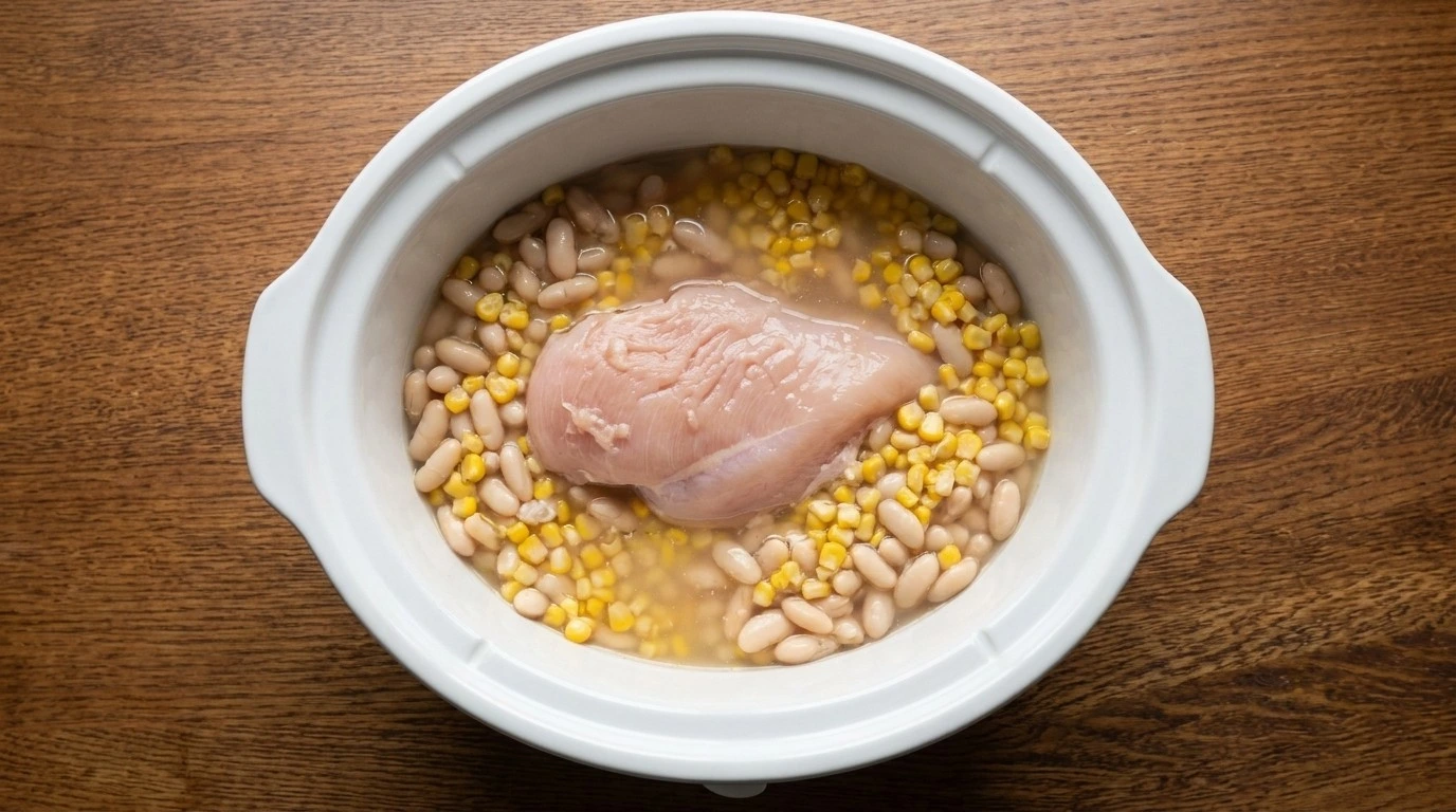 Crockpot Healthy White Chicken Chili combining chicken beans and broth Recipe focus: white chicken chili with rotisserie.