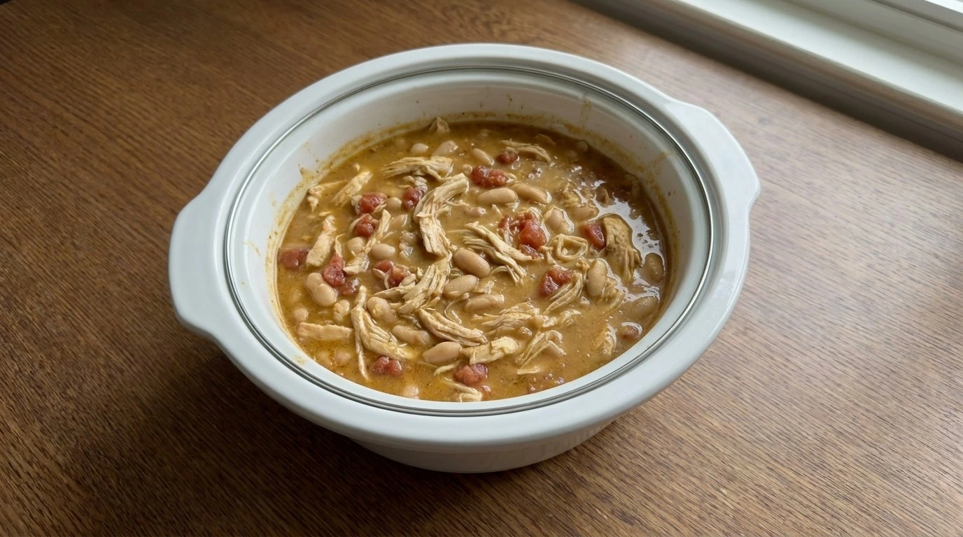 Crockpot Healthy White Chicken Chili shredded chicken texture after slow cooking Recipe focus: easy white bean chicken chili.