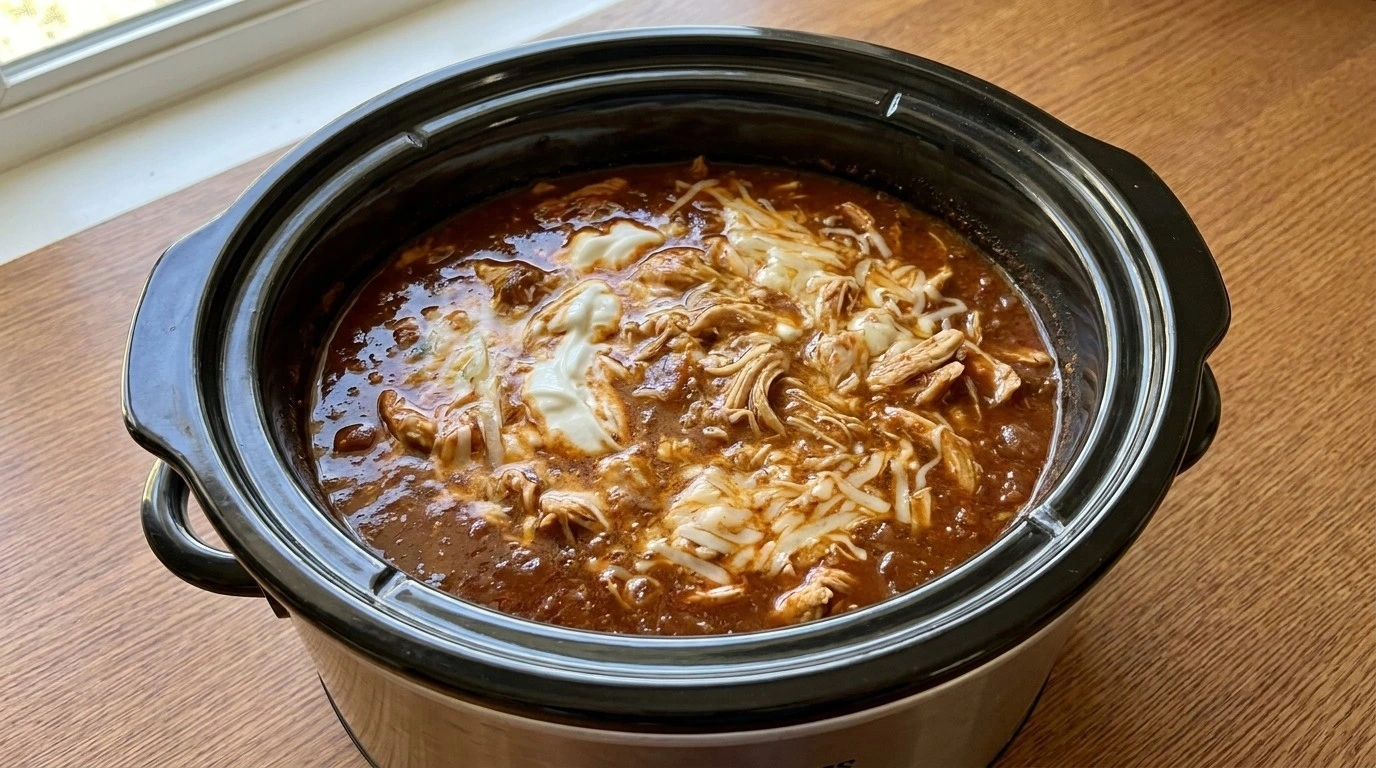 Crockpot Healthy White Chicken Chili creamy finish with melted cheese Recipe focus: white chicken chili dairy free.
