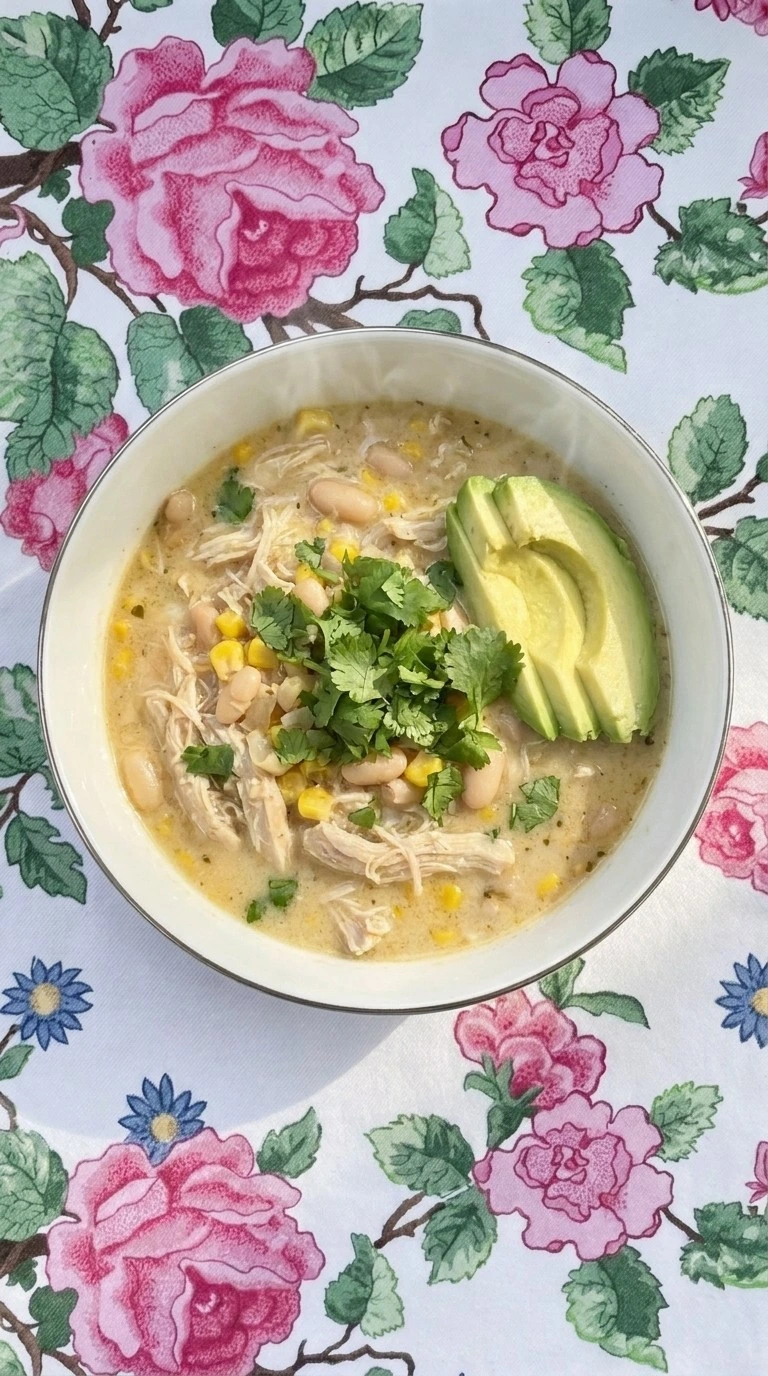 Crockpot Healthy White Chicken Chili served bowl with toppings and beans Recipe focus: dairy free white chicken chili.