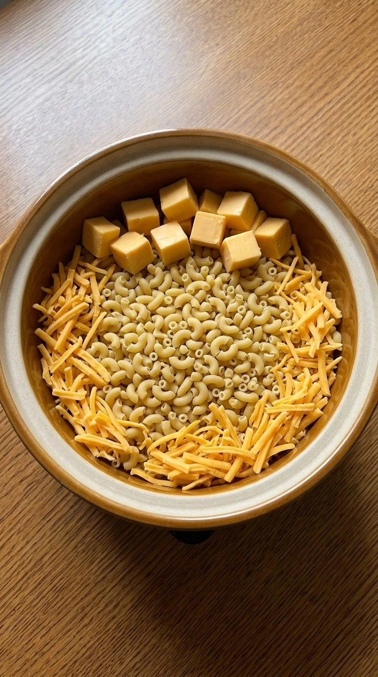 Crockpot Mac and Cheese Velveeta ingredients beginning to melt in slow cooker Recipe focus: supper ideas.