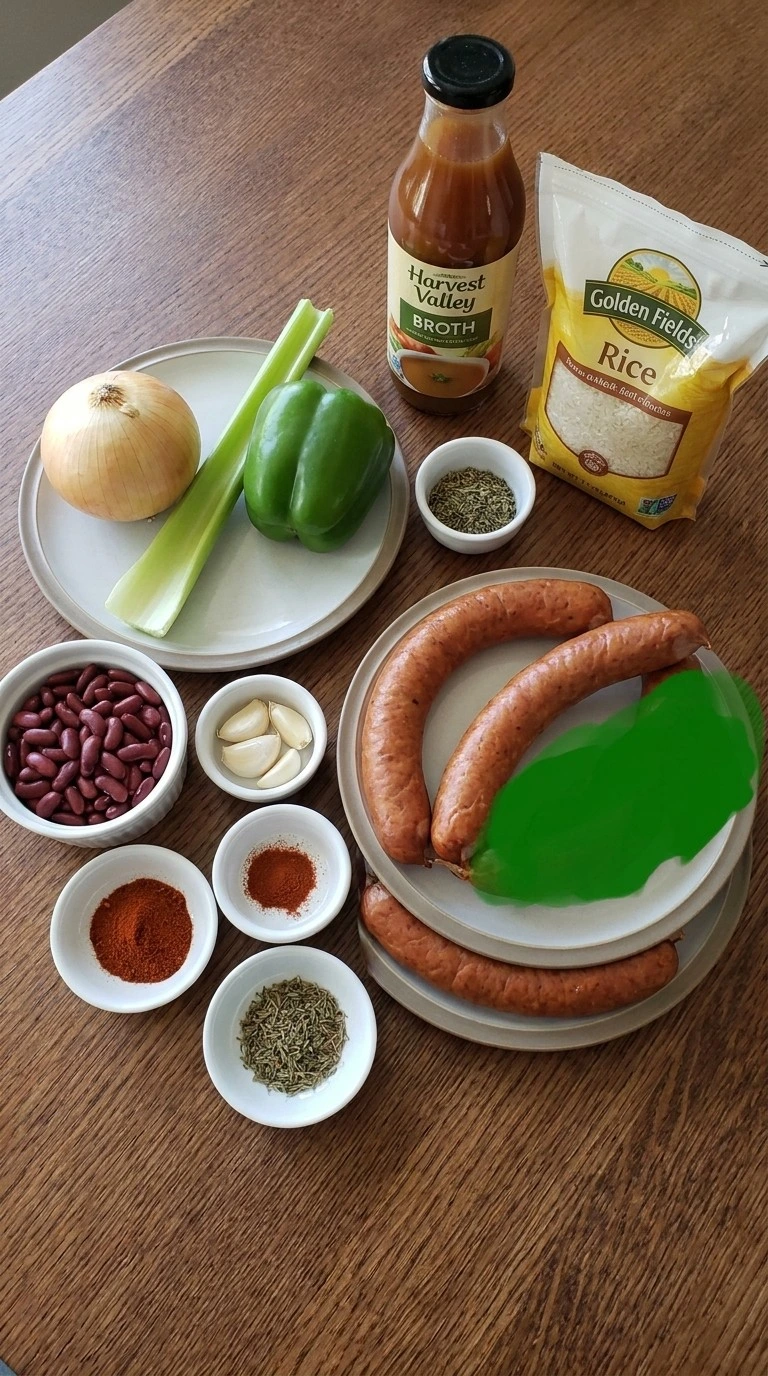 Crockpot Red Beans and Rice ingredients including beans sausage vegetables and rice Recipe focus: red beans and rice recipe crockpot.