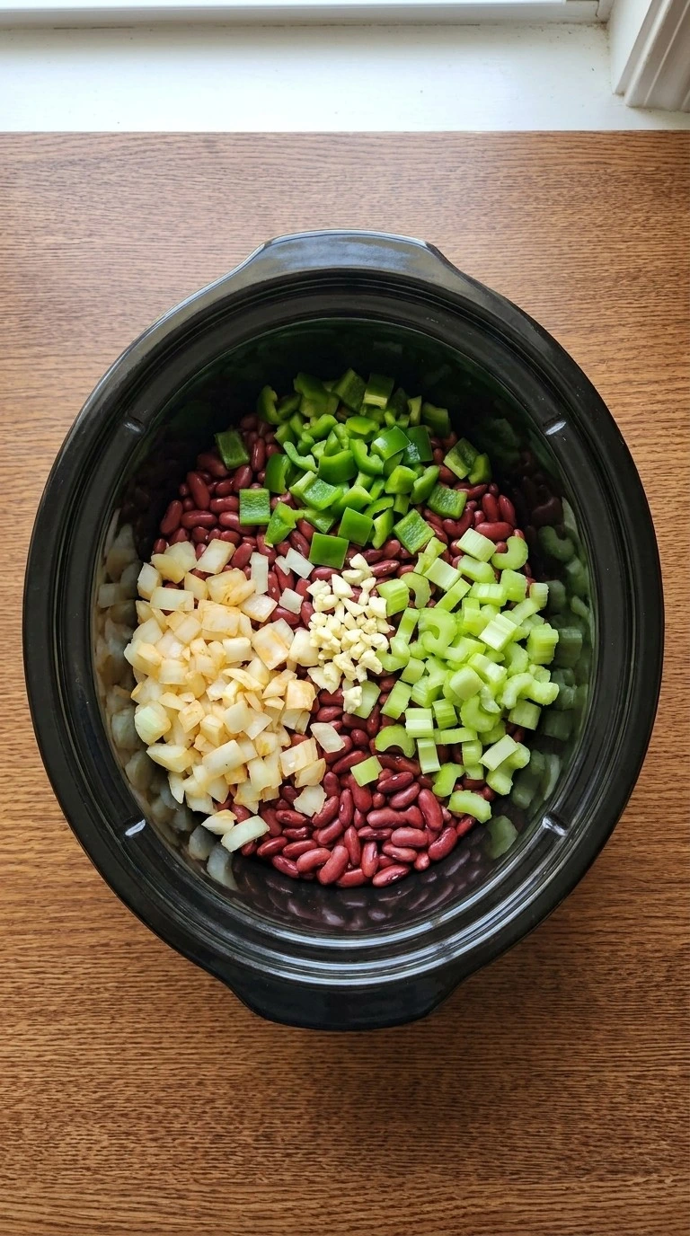 Crockpot Red Beans and Rice beans and vegetables before slow cooking Recipe focus: red beans and rice recipe crockpot.