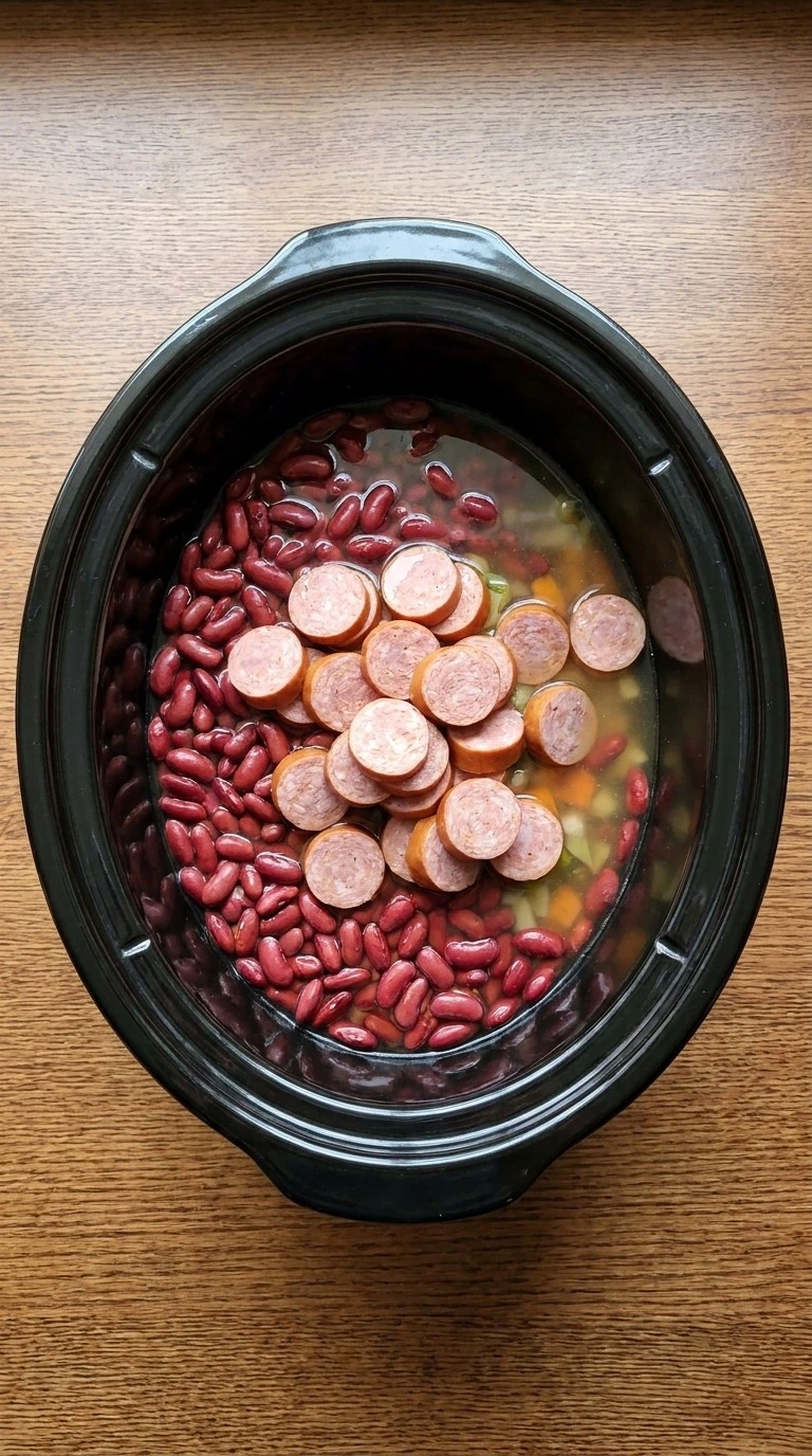 Crockpot Red Beans and Rice sausage added to beans during slow cooking Recipe focus: red beans and rice recipe crockpot.
