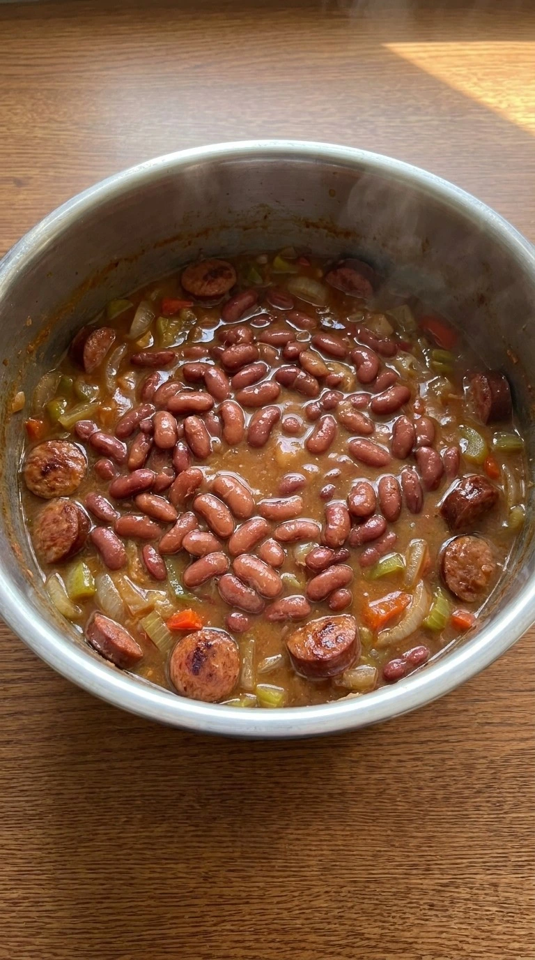 Crockpot Red Beans and Rice thick bean mixture with sausage Recipe focus: red beans and rice crockpot.