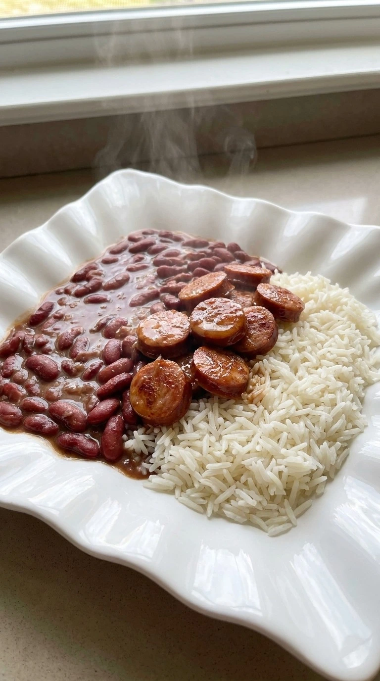 Crockpot Red Beans and Rice final serving with rice and sausage Recipe focus: red beans and rice recipe crockpot.