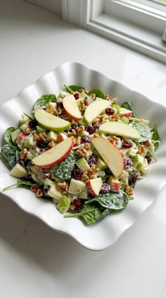 Fall Fruit Salad Thanksgiving Sides finished bowl with apple slices cranberries and creamy dressing
