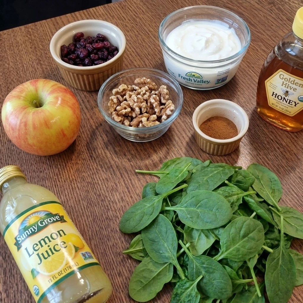 Fall Fruit Salad Thanksgiving Sides ingredients with apples cranberries walnuts and dressing components