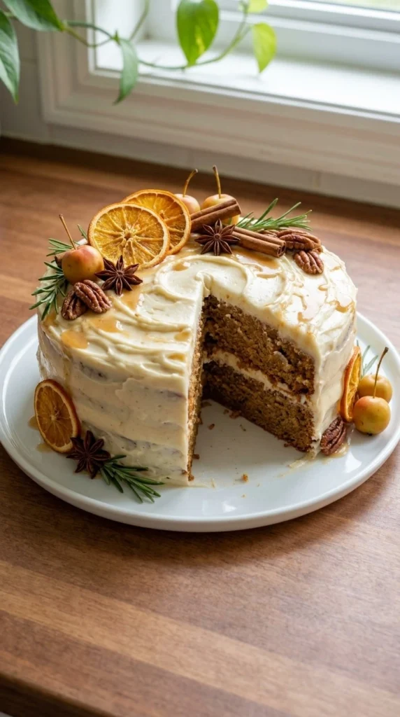Friendsgiving Cake with golden layers and creamy frosting on a serving plate Recipe focus: friendsgiving cake ideas.
