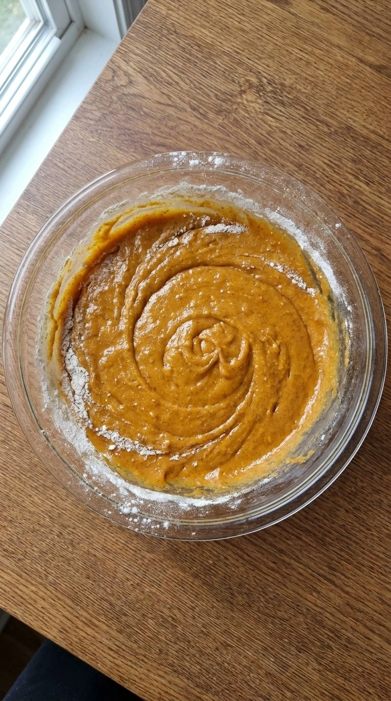 Friendsgiving Cake batter mixing with pumpkin and spices Recipe focus: friendsgiving dish ideas.