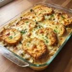 Friendsgiving Casserole By Joanna Gaines creamy baked casserole with golden topping in glass dish