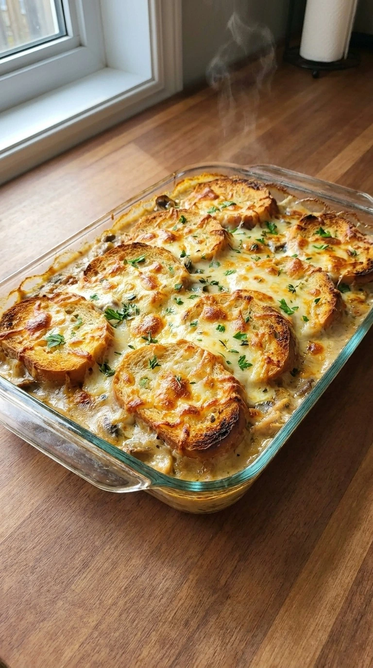 Friendsgiving Casserole By Joanna Gaines creamy baked casserole with golden topping in glass dish