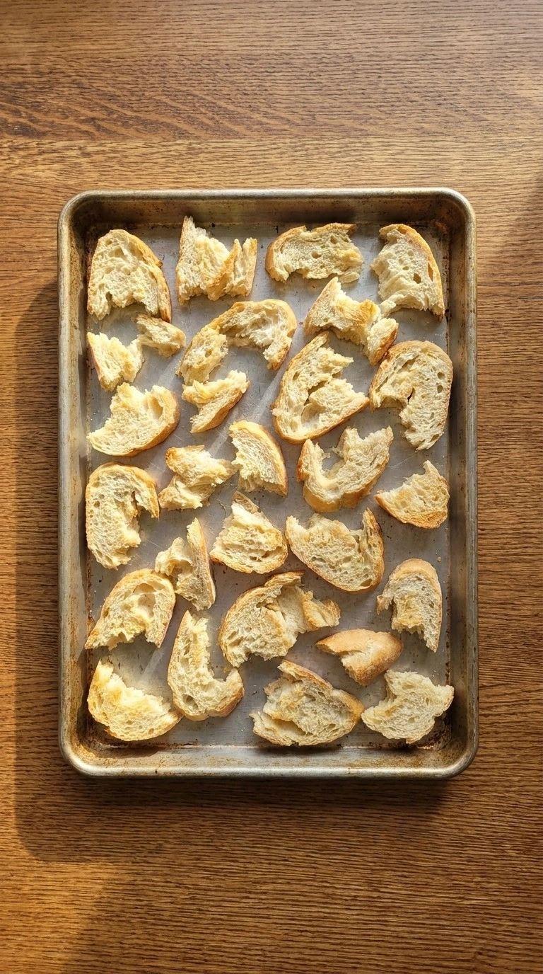 Friendsgiving Casserole By Joanna Gaines toasted baguette pieces preparation