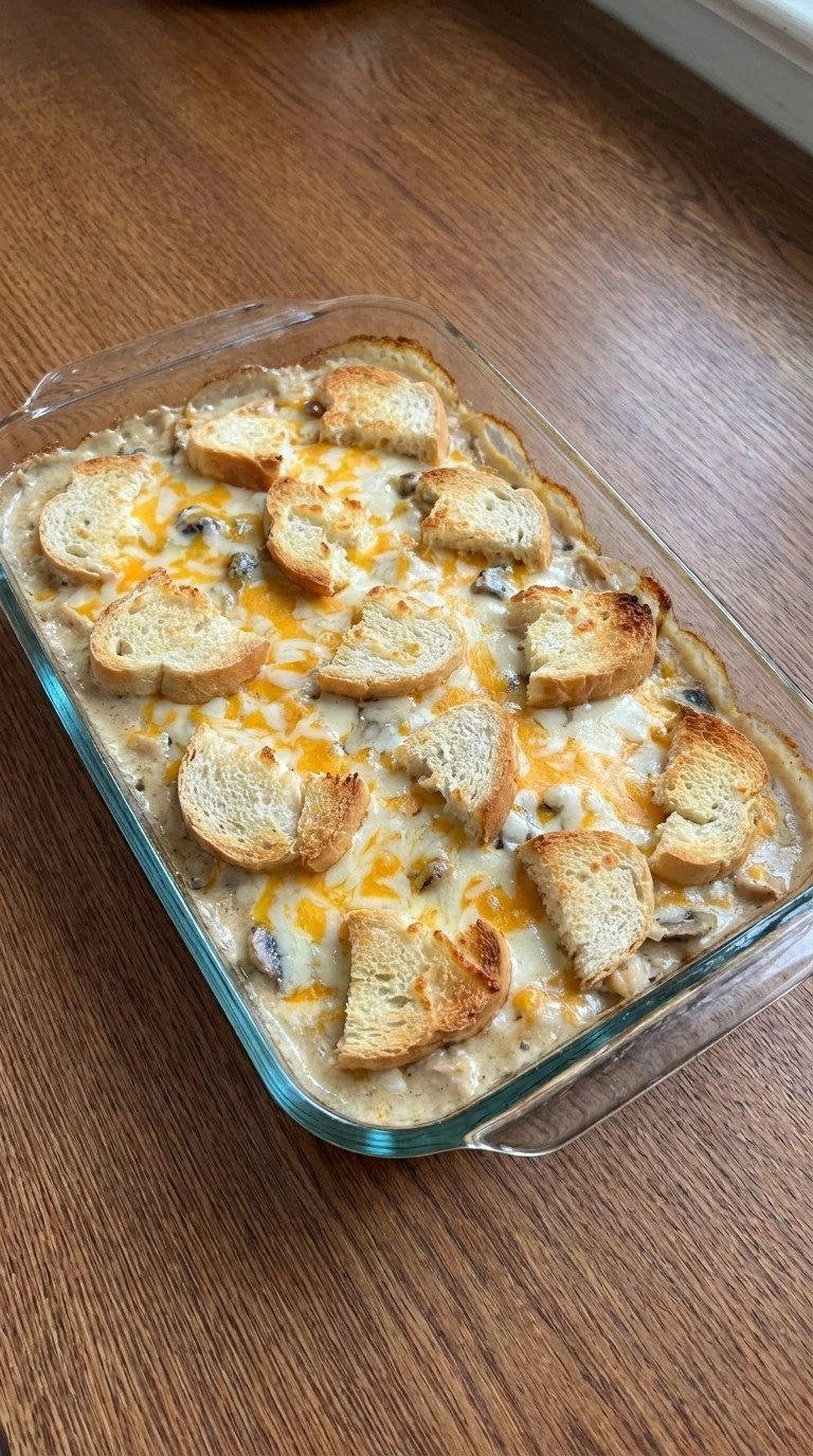 Friendsgiving Casserole By Joanna Gaines layered casserole before baking