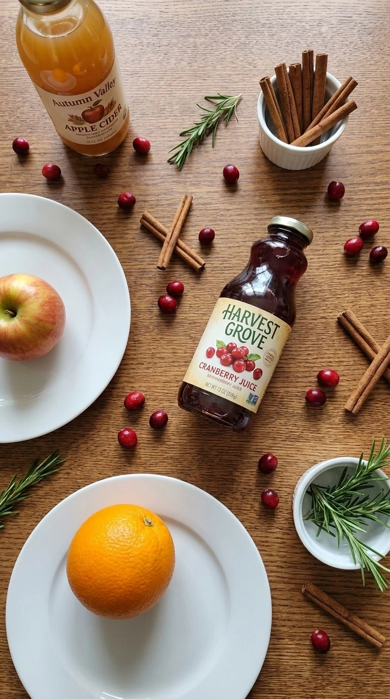 Friendsgiving Cocktail Party ingredients with apples cranberries cinnamon and seasonal drink supplies