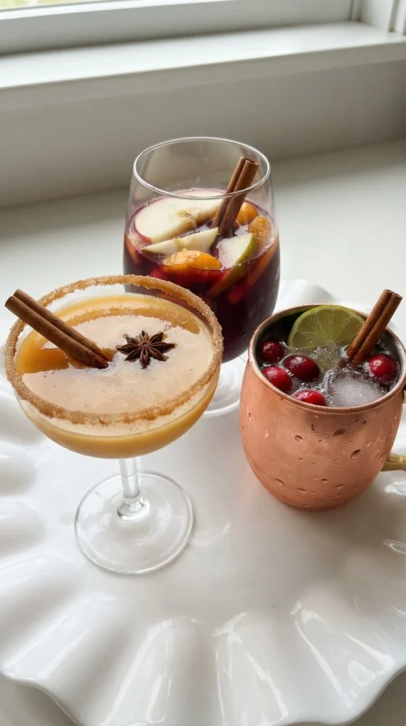 Friendsgiving Cocktails with autumn pumpkin spice martini and cranberry mule drinks Recipe focus: friendsgiving cocktail ideas.