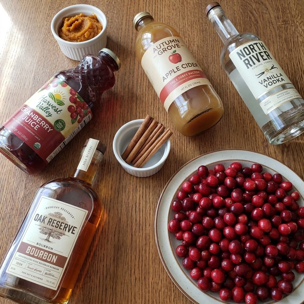 Friendsgiving Cocktails ingredients including cranberry juice apple cider and pumpkin flavors Recipe focus: friendsgiving drink ideas.