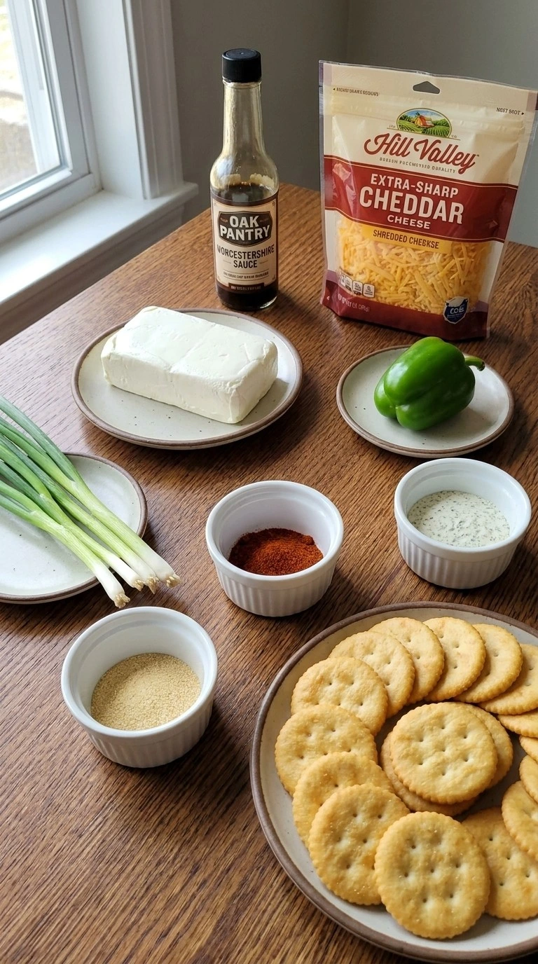 Halloween Appetizers Cheese Ball ingredients including cream cheese, sharp cheddar, ranch seasoning, green onion and crackers