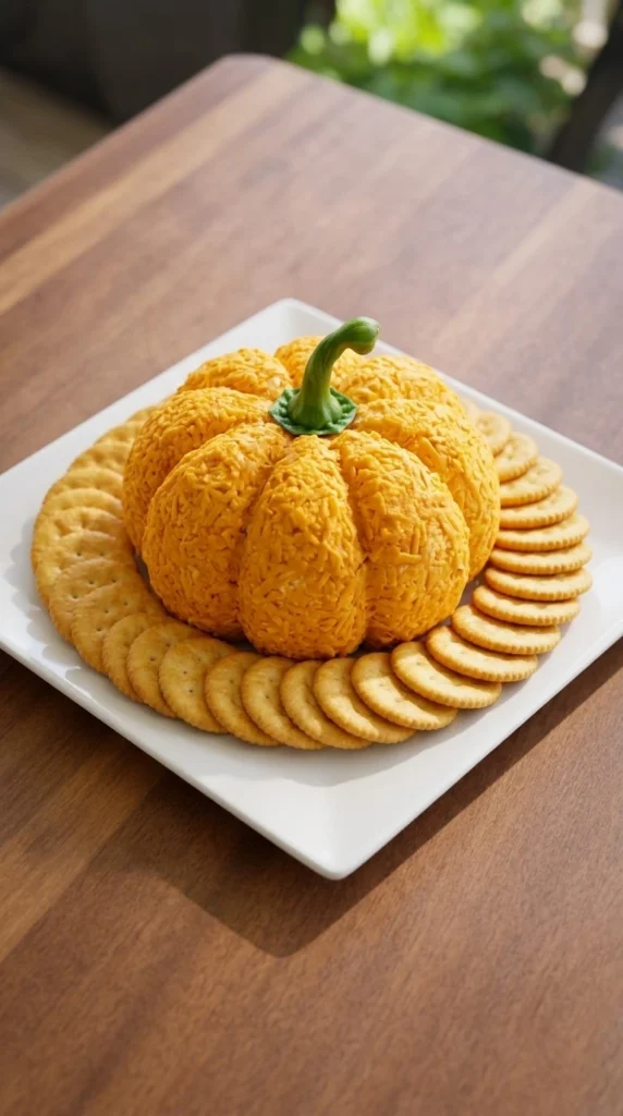 Halloween Appetizers Cheese Ball shaped like a pumpkin with shredded cheddar, a green pepper stem and round crackers
