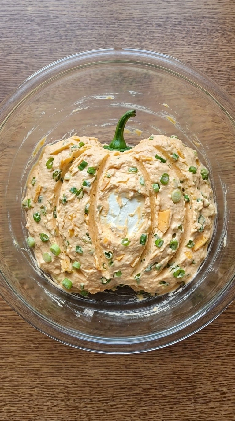 Halloween Appetizers Cheese Ball filling mixed with cream cheese, sharp cheddar, green onion and seasonings
