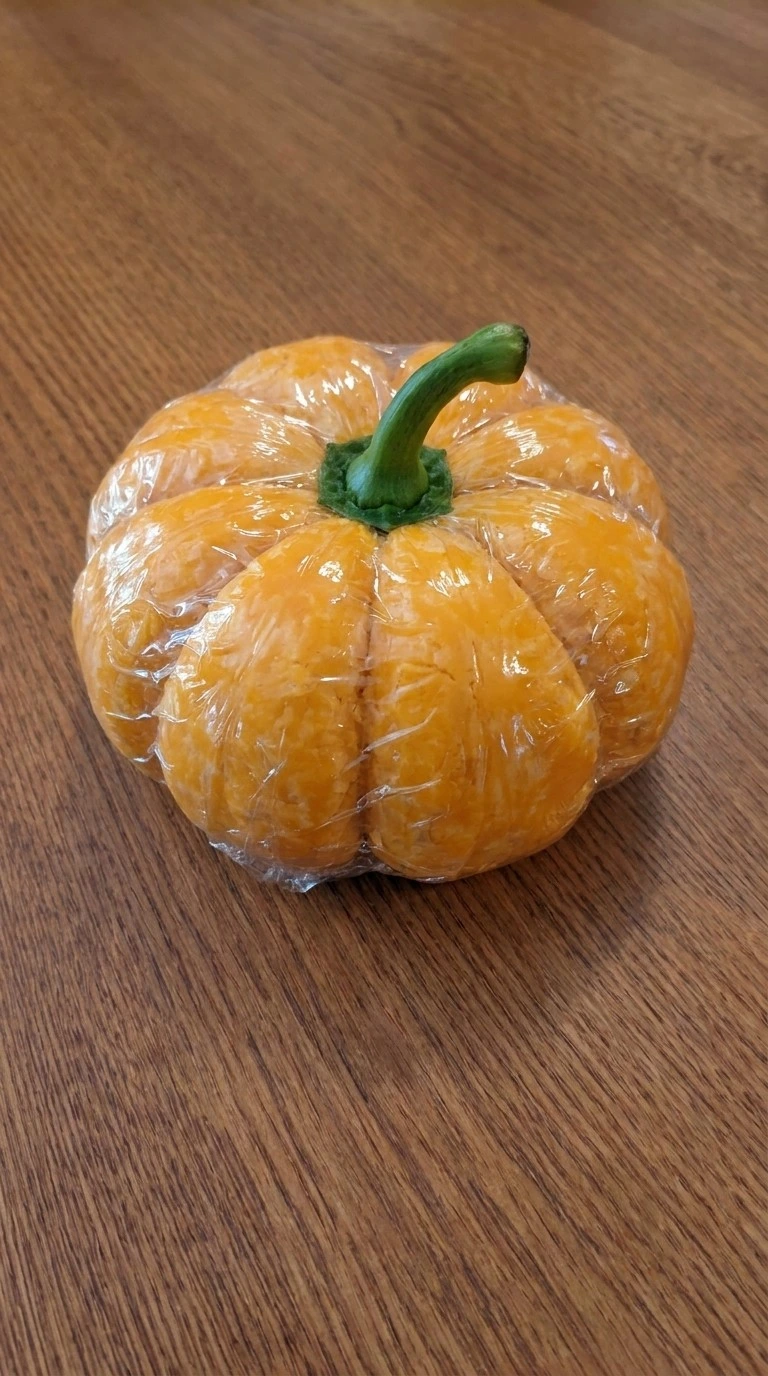 Halloween Appetizers Cheese Ball chilled and shaped into a pumpkin with hand-formed ridges