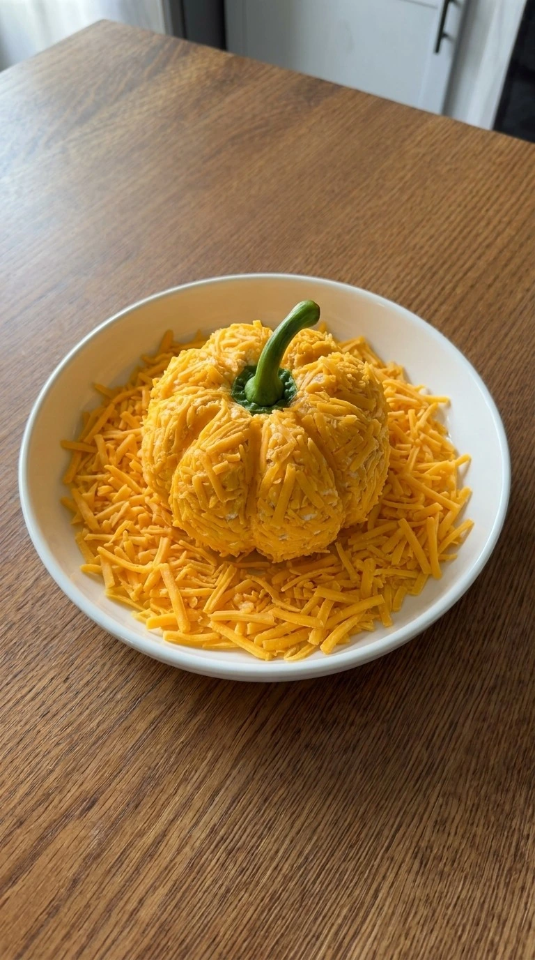 Halloween Appetizers Cheese Ball coated with finely shredded orange extra-sharp cheddar while pumpkin ridges remain visible