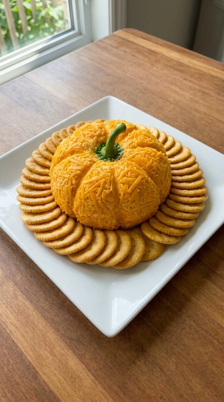 Halloween Appetizers Cheese Ball finished with a green pepper stem and served with overlapping round crackers