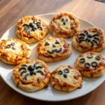 Halloween Appetizers Pizza with golden mini pizzas and melted mozzarella toppings