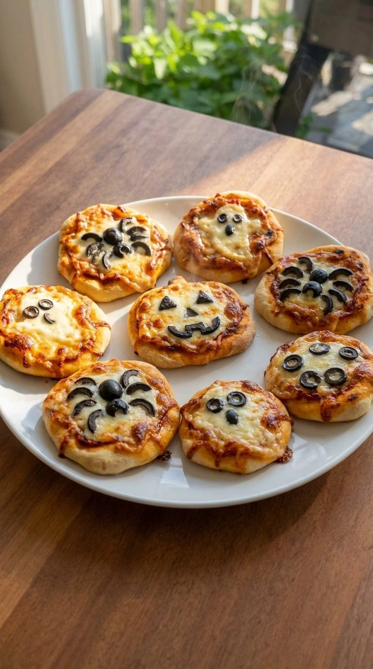 Halloween Appetizers Pizza with golden mini pizzas and melted mozzarella toppings