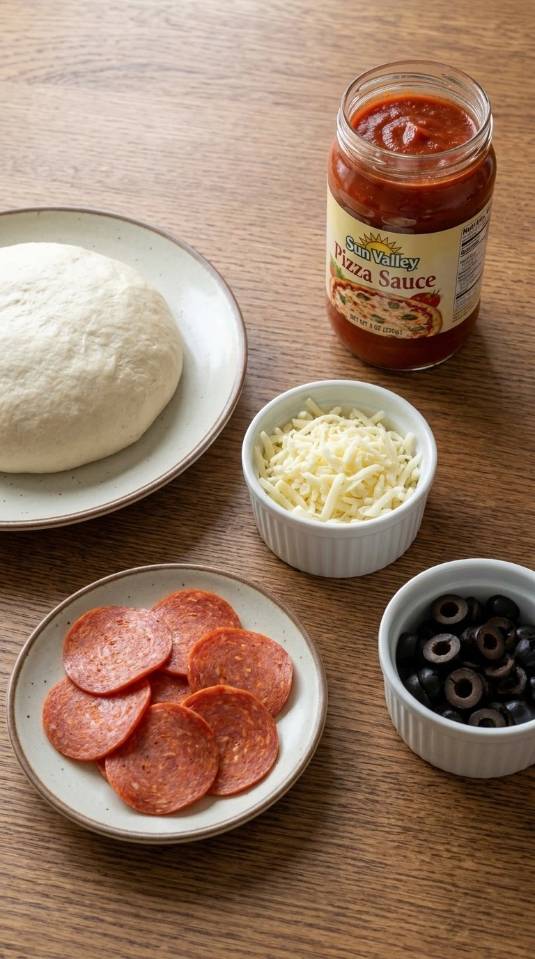 Halloween Appetizers Pizza ingredients including dough mozzarella olives and toppings