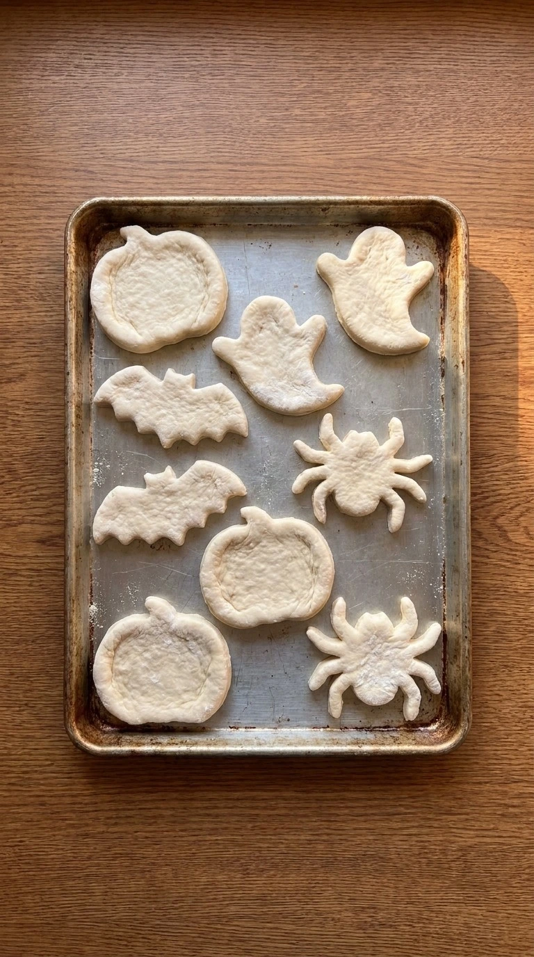 Halloween Appetizers Pizza dough shapes being prepared