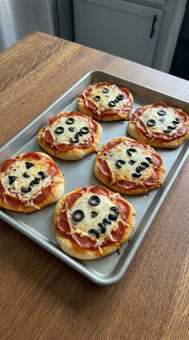 Halloween Appetizers Pizza with sauce cheese and spooky toppings