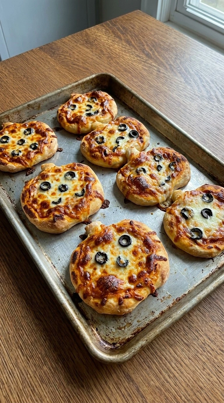 Halloween Appetizers Pizza baking with melted cheese and golden crust