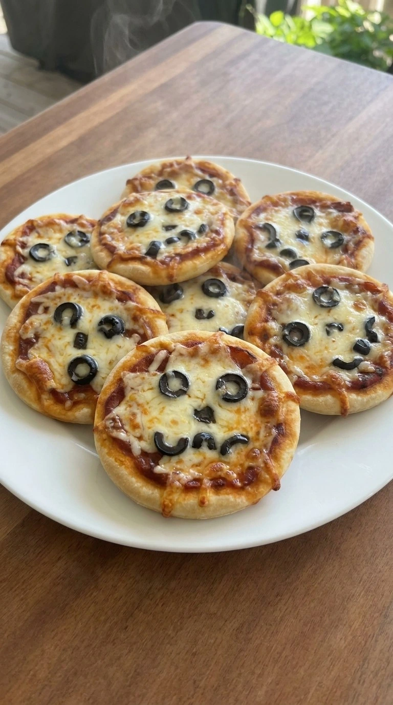Halloween Appetizers Pizza plated with spooky homemade pizza bites