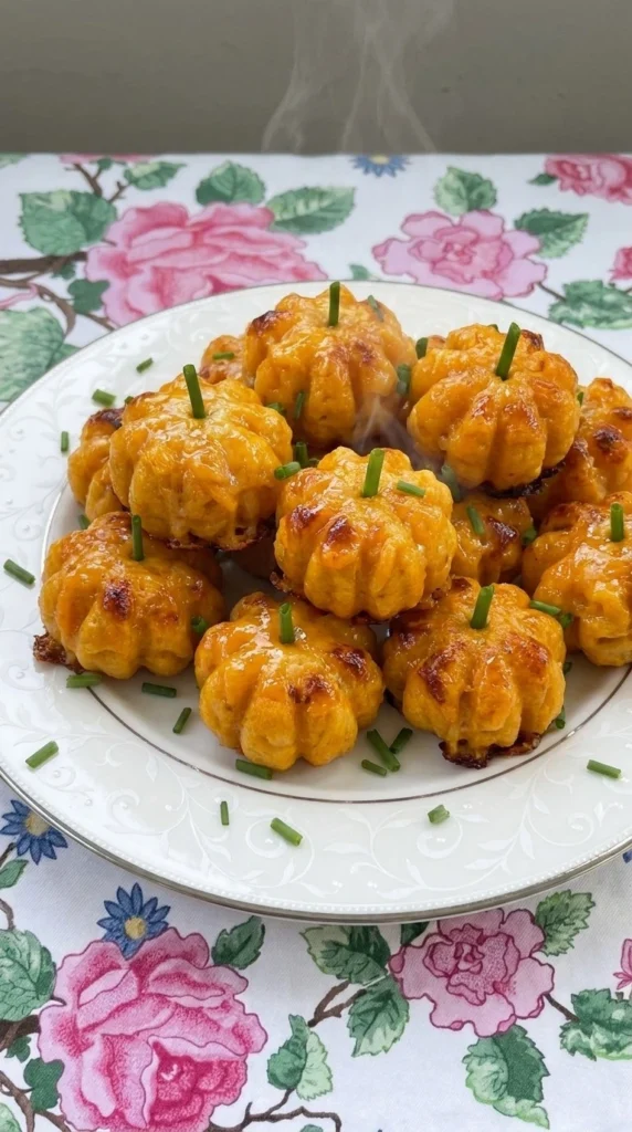 Halloween Appetizers Pumpkin with golden pumpkin shaped cheese bites on a plate