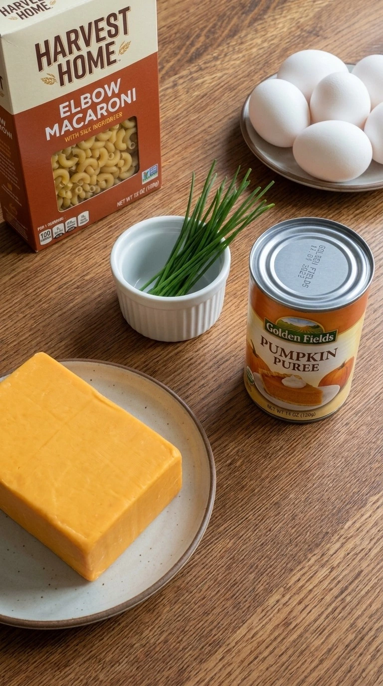 Halloween Appetizers Pumpkin ingredients including pumpkin puree cheese and macaroni