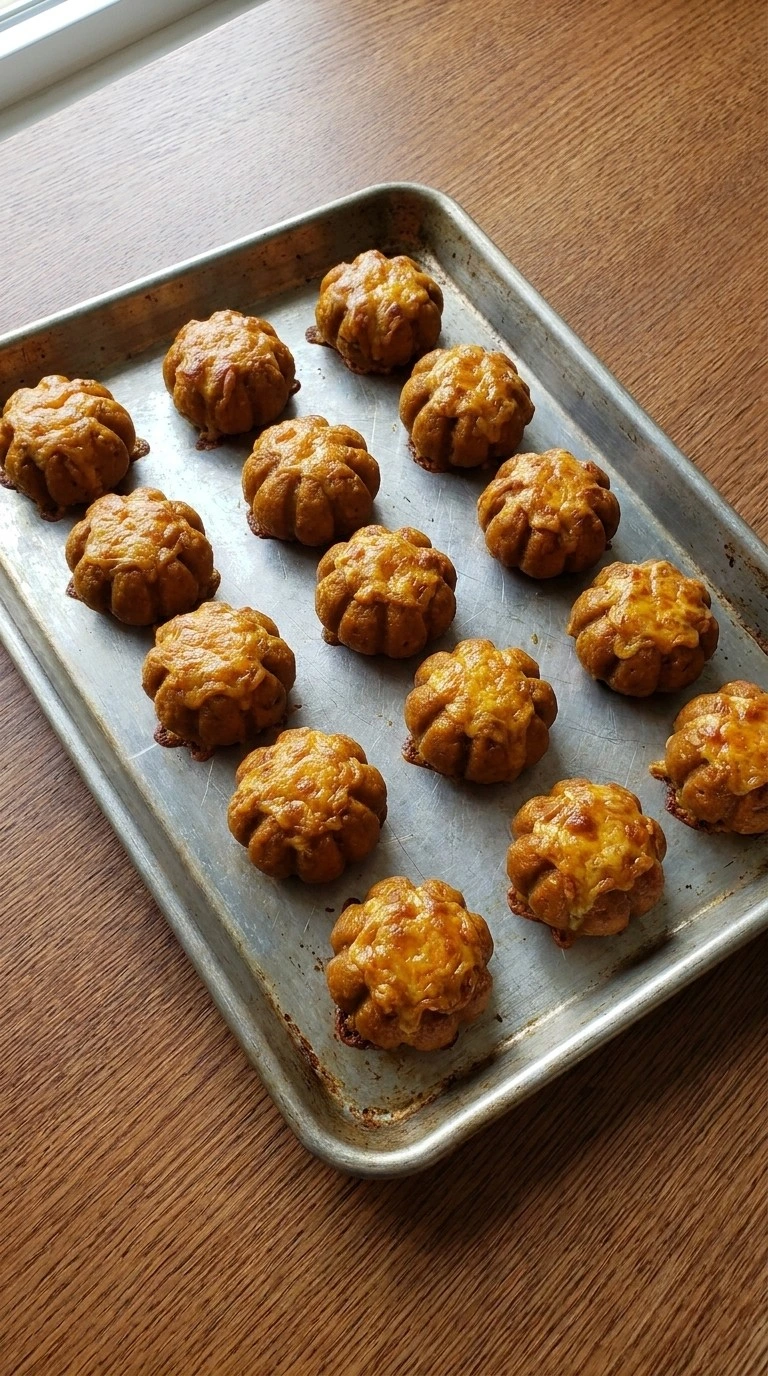 Halloween Appetizers Pumpkin baking with golden cheese tops