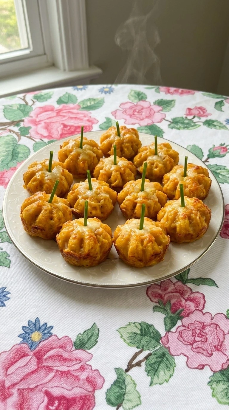 Halloween Appetizers Pumpkin plated with chive stems and golden cheese