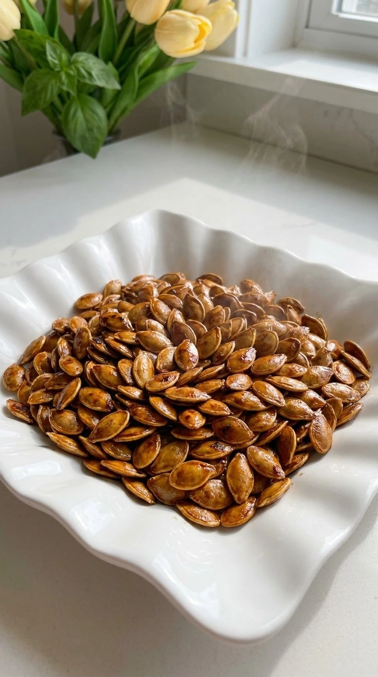 Honey Roasted Pumpkin Seeds with glossy amber honey-cinnamon coating in a white scalloped bowl Recipe focus: how to make honey roasted pumpkin seeds.