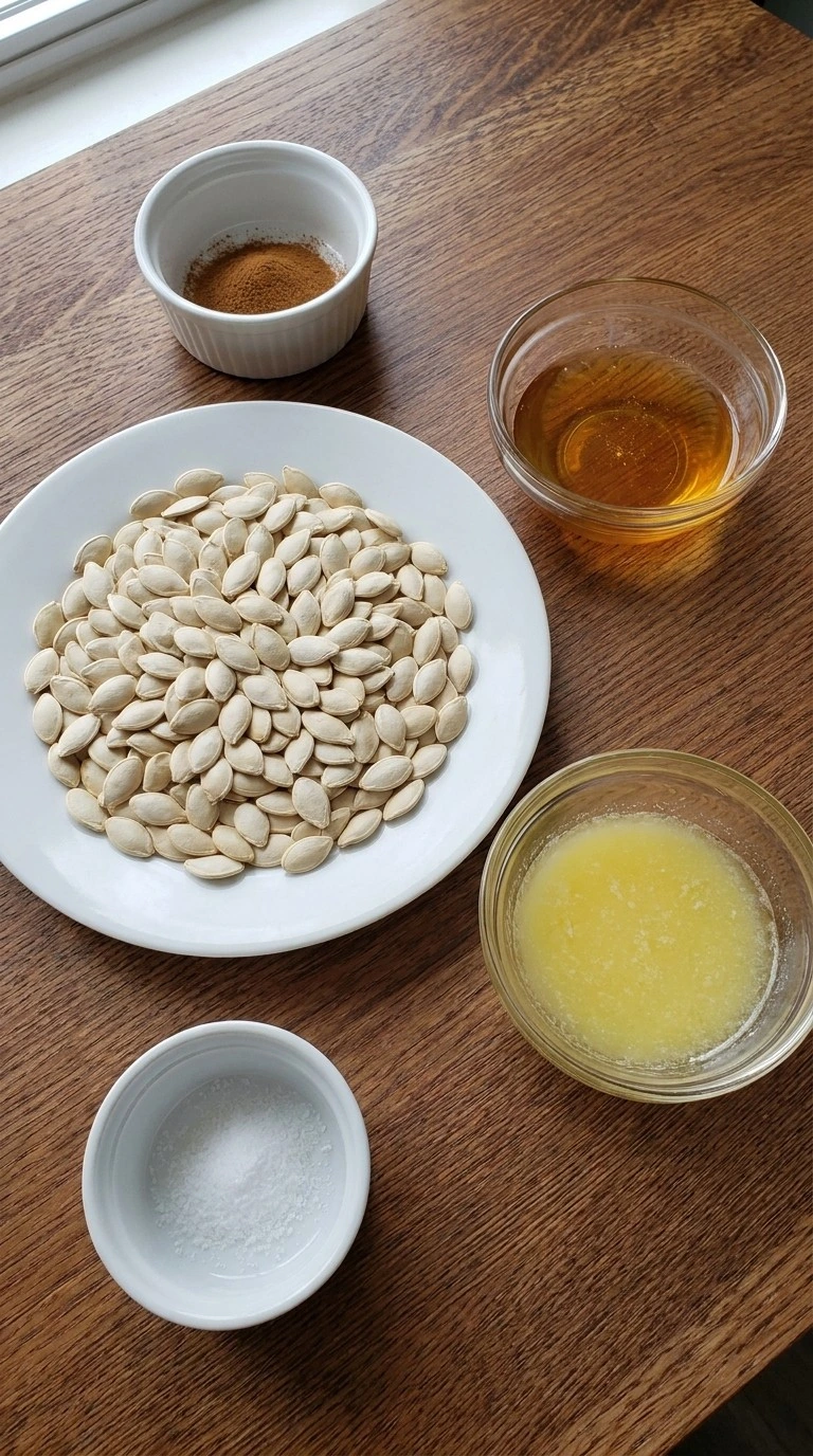 Honey Roasted Pumpkin Seeds ingredients with fresh seeds, wildflower honey, butter, cinnamon and sea salt Recipe focus: best pumpkin seed recipe.