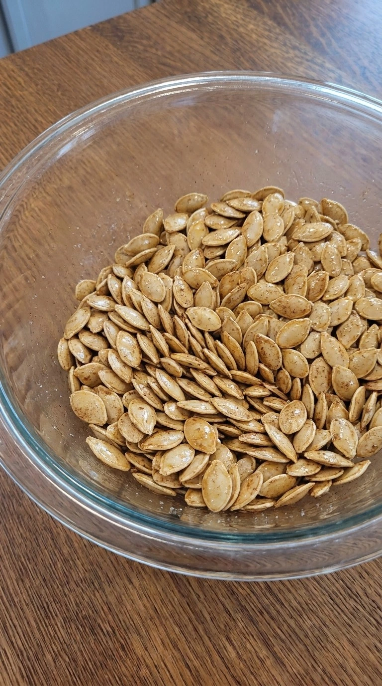 Honey Roasted Pumpkin Seeds being coated with honey, butter, cinnamon and sea salt Recipe focus: how to make pumpkin seeds.