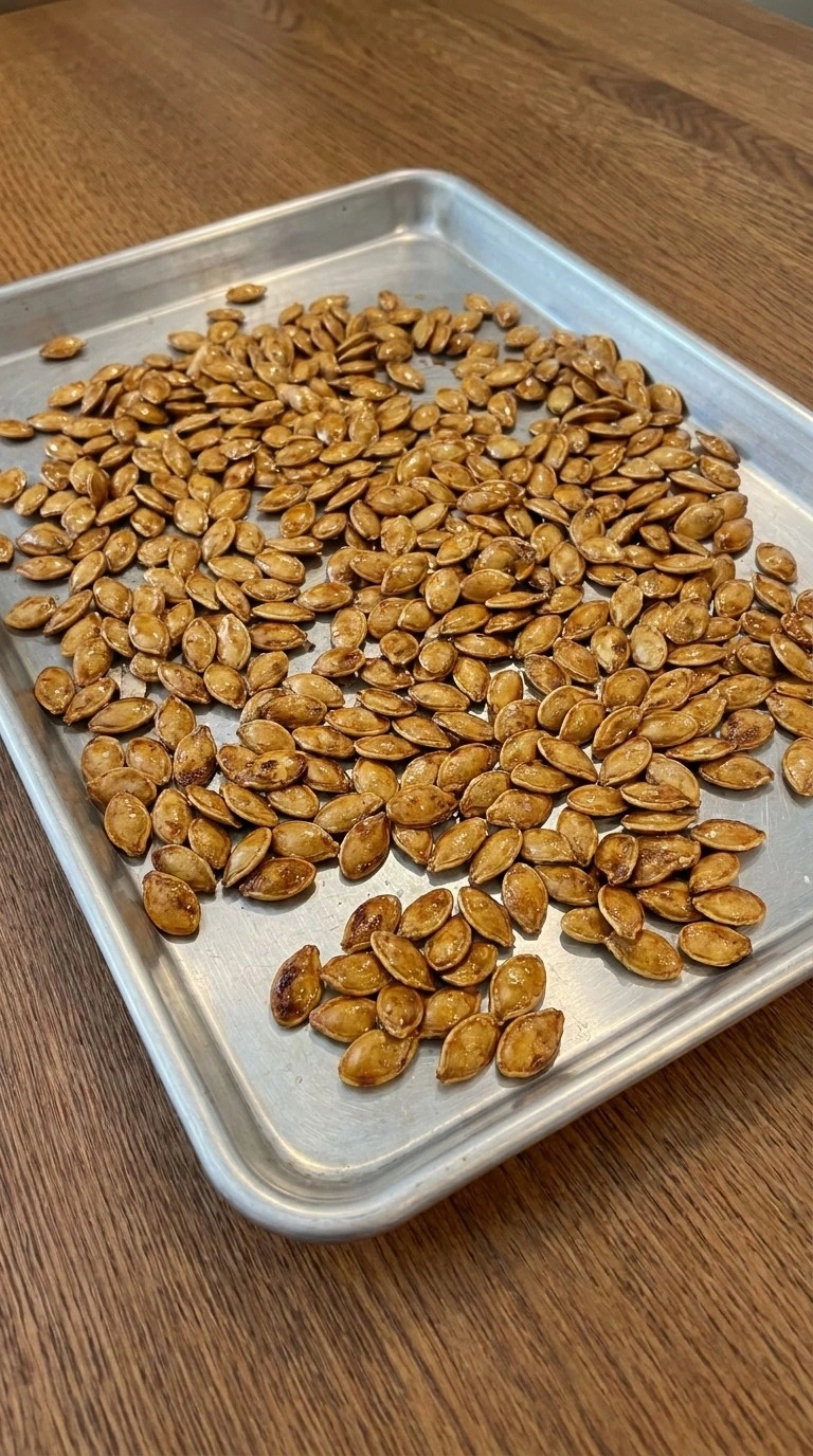 Honey Roasted Pumpkin Seeds roasted deep golden amber with caramelized edges on a baking tray Recipe focus: roasted nuts recipe.